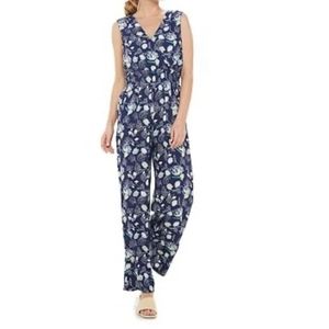navy blue floral surplice paperbag waist sleeveless wide leg jumpsuit
